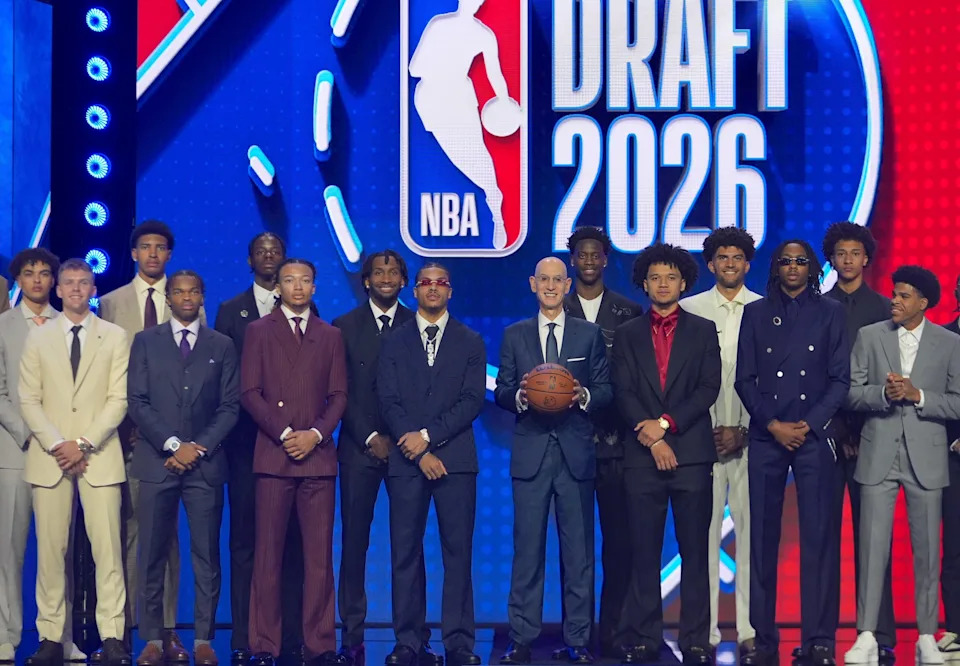 NEW YORK, UNITED STATES - JUNE 23: NBA commissioner Adam Silver (4th R) poses with 2026 NBA Draft prospects at Barclays Center, on June 23, 2026, Brooklyn, New York City, U.S. (Photo by Selcuk Acar/Anadolu via Getty Images)