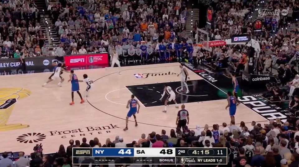 The Spurs have taken away Karl-Anthony Towns' pick-and-pop 3. (Screenshot via NBA)