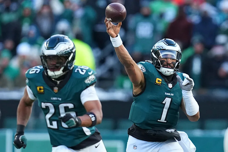 Jalen Hurts (1) and Saquon Barkley (26) will try to get the Eagles back to the Super Bowl. (Photo by Mitchell Leff/Getty Images)