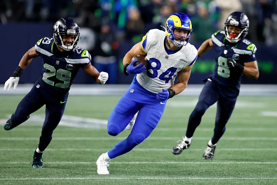 SEATTLE, WASHINGTON - JANUARY 25: Colby Parkinson #84 of the Los Angeles Rams runs with the ball during the third quarter against the Seattle Seahawks in the NFC Championship game at Lumen Field on January 25, 2026 in Seattle, Washington. (Photo by Ronald Martinez/Getty Images)