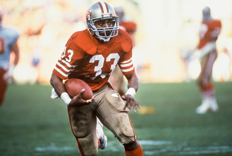 SAN FRANCISCO -  AUGUST 8:  Roger Craig #33 of the San Francisco 49ers runs the ball during a National Football League pre season game against the Kansas City Chiefs played on August 8, 1987 at Candlestick Park in San Francisco, California.    (Photo by David Madison/Getty Images)