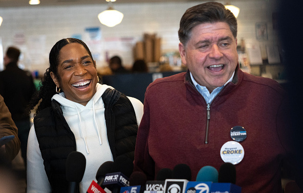 Then-Illinois Democratic Senate candidate Juliana Stratton and Gov. JB Pritzker speak to reporters at Manny's Cafeteria and Delicatessen on March 17, 2026, before the polls closed.