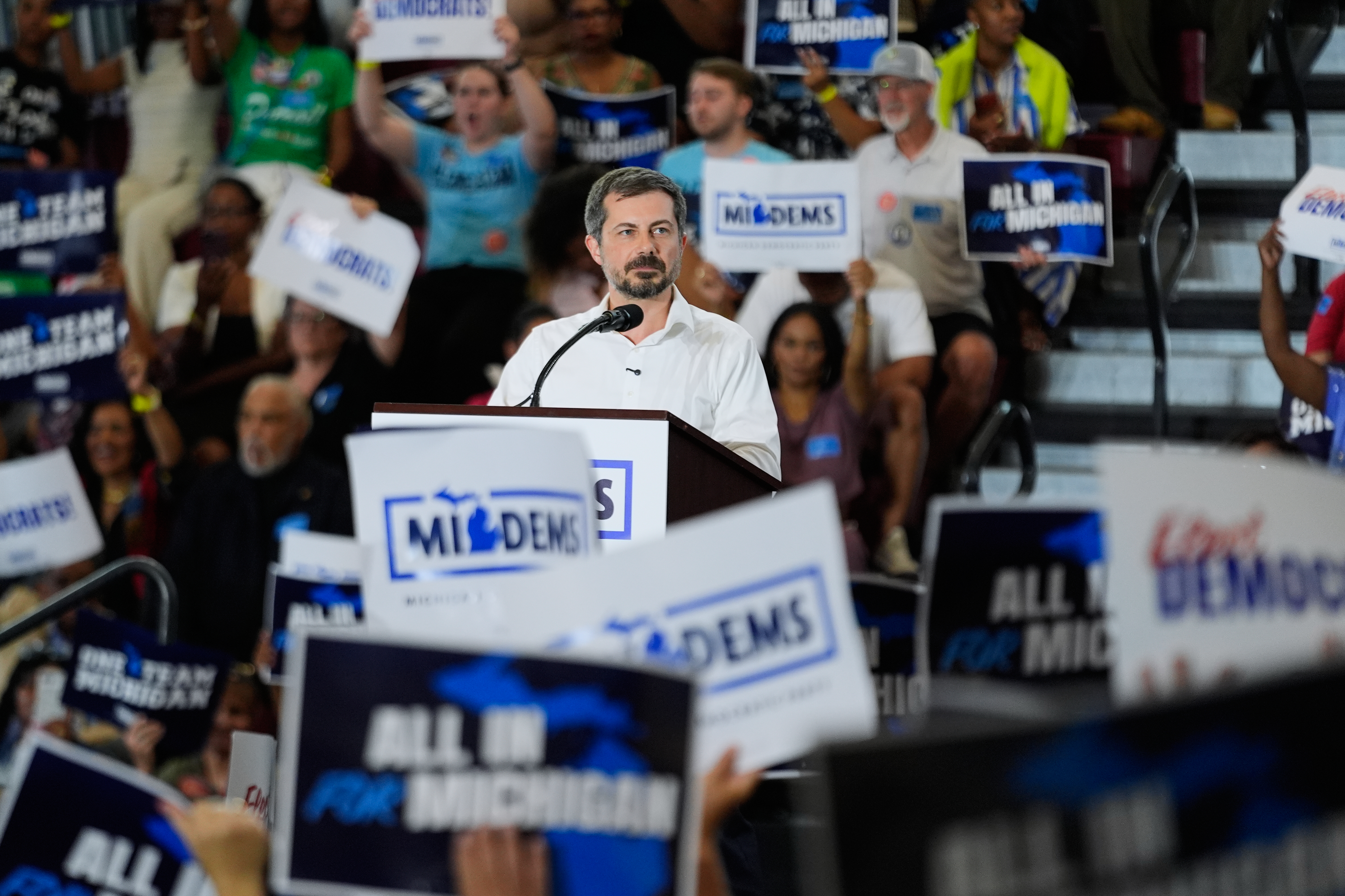 Pete Buttigieg speaks at a General Election Kickoff Rally for Michigan Democrats at Renaissance High School Friday, Aug. 7, 2026, in Detroit.