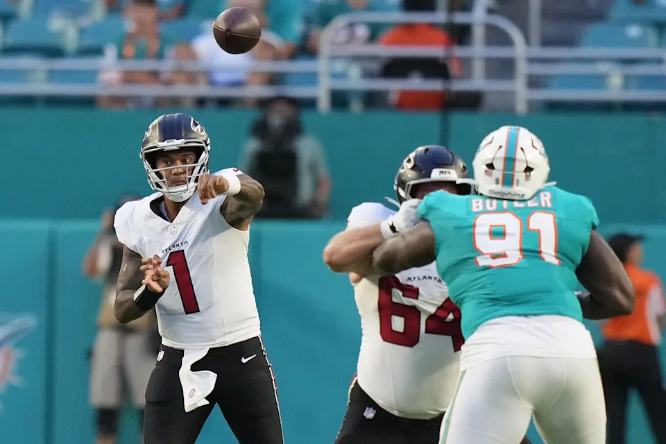 Atlanta Falcons quarterback Tua Tagovailoa (1) passes against the Miami Dolphins during Friday's preseason game. (AP Photo/Lynne Sladky)