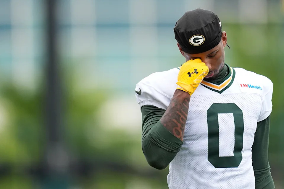 ASHWAUBENON, WISCONSIN - JULY 31: Matthew Golden #0 of the Green Bay Packers reacts during the Green Bay Packers training camp at Ray Nitschke Field on July 31, 2026 in Ashwaubenon, Wisconsin. (Photo by Patrick McDermott/Getty Images)