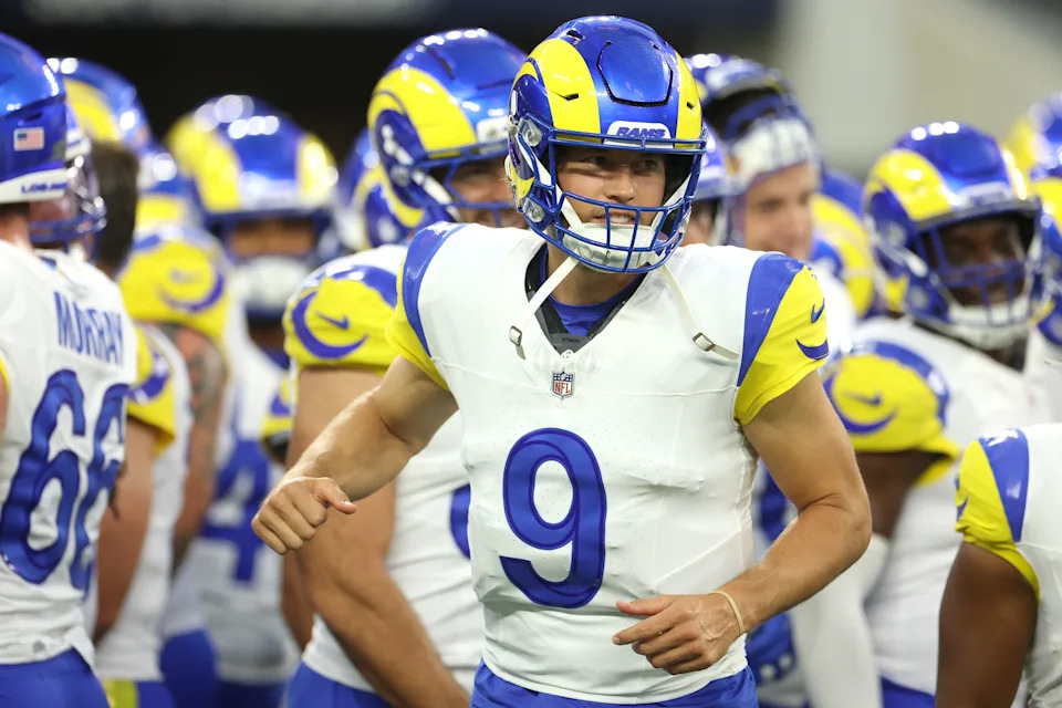 INGLEWOOD, CALIFORNIA - AUGUST 27: Matthew Stafford #9 of the Los Angeles Rams looks on prior to a preseason game against the Los Angeles Chargers at SoFi Stadium on August 27, 2026 in Inglewood, California. (Photo by Sean M. Haffey/Getty Images)