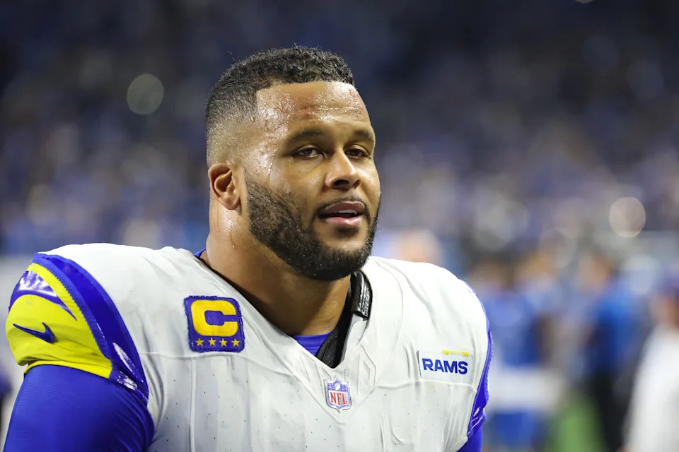 DETROIT, MI - JANUARY 14:  Los Angeles Rams defensive tackle Aaron Donald (99) walks off of the field at the conclusion of an NFL NFC Wild Card playoff football game between the Los Angeles Rams and the Detroit Lions on January 14, 2024 at Ford Field in Detroit, Michigan.  (Photo by Scott W. Grau/Icon Sportswire via Getty Images)