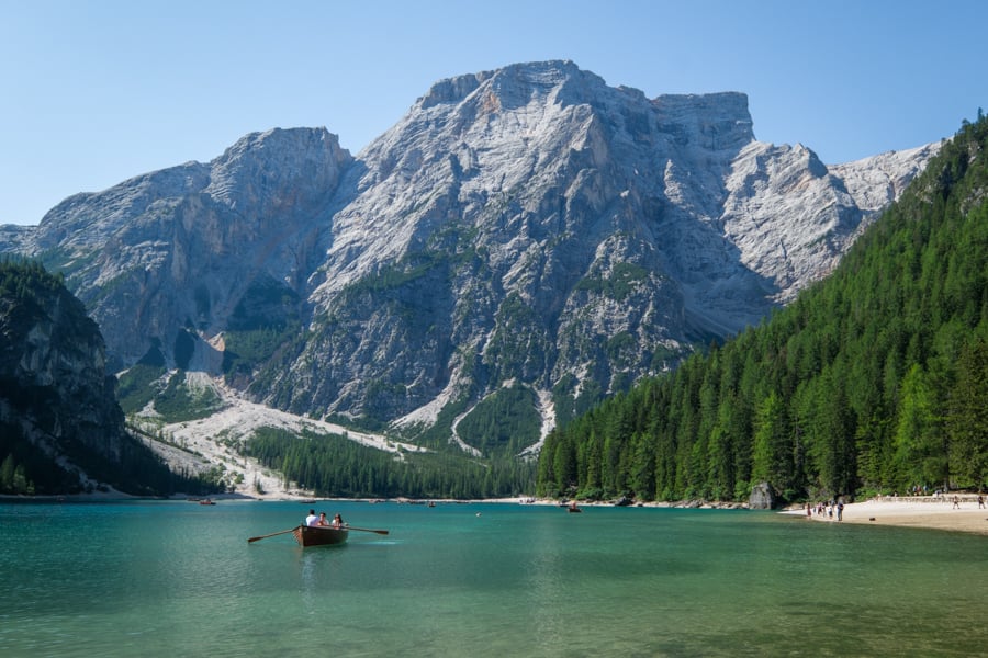 Lago di Braies Pragser Wildsee lake in the daytime after sunrise