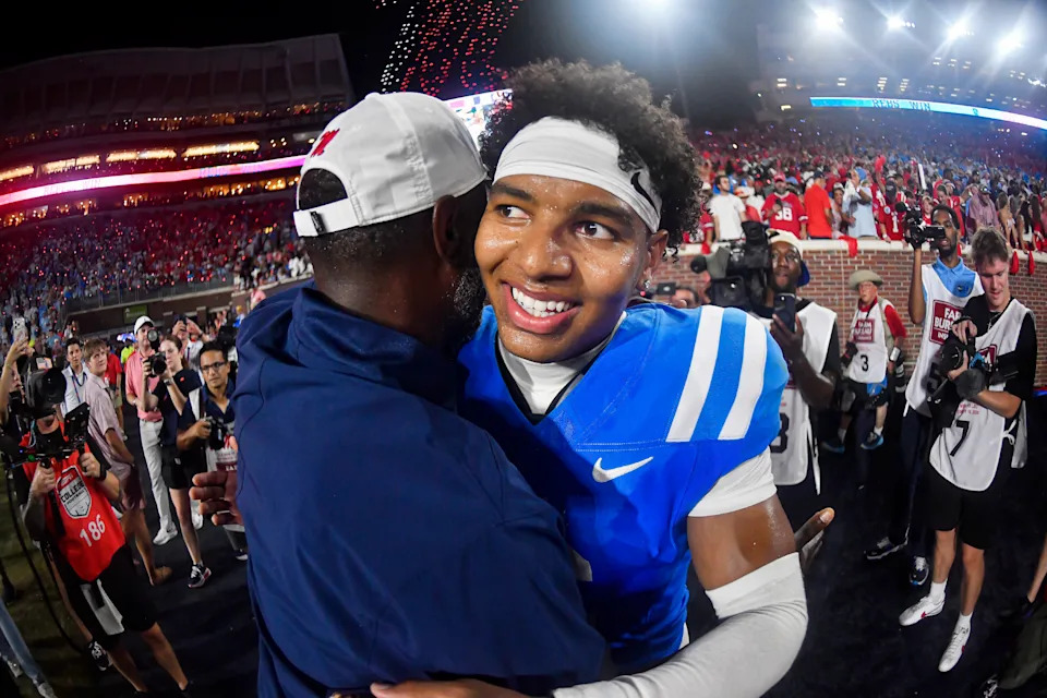 OXFORD, MS - SEPTEMBER 19: Mississippi Rebels quarterback Trinidad Chambliss receives a hug after a college football game between the LSU Tigers and Mississippi Rebels on Saturday, September 19, 2026 at Vaught-Hemingway Stadium in Oxford, MS. (Photo by Austin McAfee/Icon Sportswire via Getty Images)