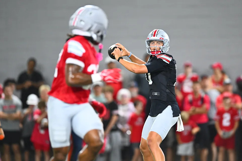 COLUMBUS, OHIO - AUGUST 7: Quarterback Julian Sayin #10 of the Ohio State Buckeyes runs drills during fall football camp at Woody Hayes Athletic Center on August 7, 2026 in Columbus, Ohio. (Photo by Ben Jackson/Getty Images)