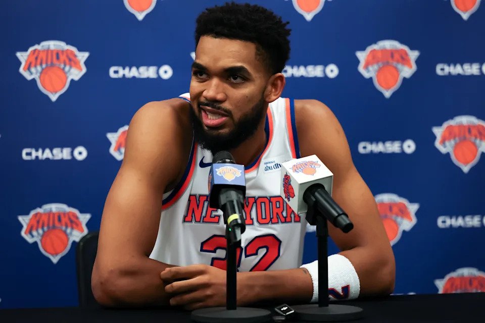 TARRYTOWN, NEW YORK - SEPTEMBER 28: Karl-Anthony Towns #32 of the New York Knicks speaks to the media during New York Knicks Media Day at the Knicks Training Facility on September 28, 2026 in Tarrytown, New York. NOTE TO USER: User expressly acknowledges and agrees that, by downloading and or using this photograph, User is consenting to the terms and conditions of the Getty Images License Agreement. (Photo by Caleb Bowlin/Getty Images)
