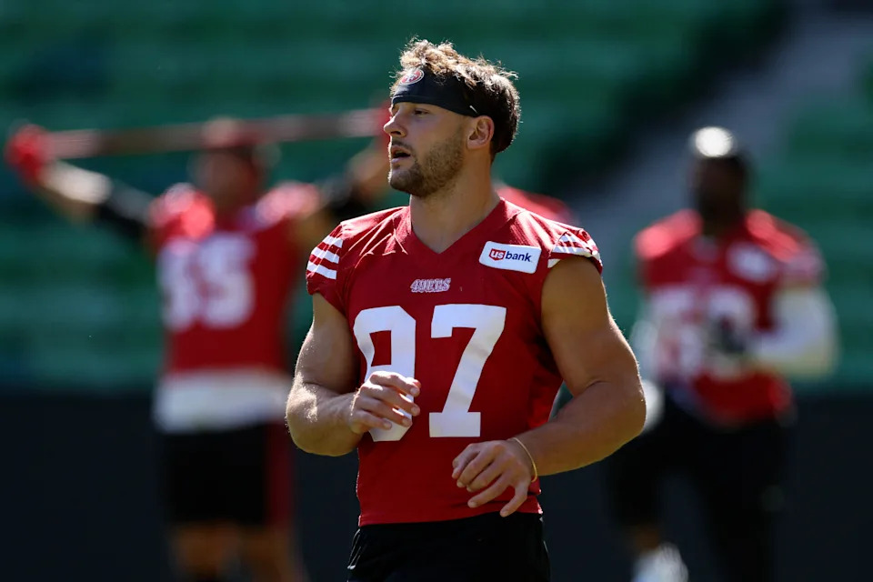 San Francisco 49ers' defencive end #97 Nick Bosa attends a training session at AAMI Park in Melbourne on September 9, 2026. The first-ever regular-season NFL game in Australia takes place at the Melbourne Cricket Ground on September 11, 2026, featuring the San Francisco 49ers and the Los Angeles Rams. (Photo by Martin KEEP / AFP via Getty Images) / -- IMAGE RESTRICTED TO EDITORIAL USE - STRICTLY NO COMMERCIAL USE --